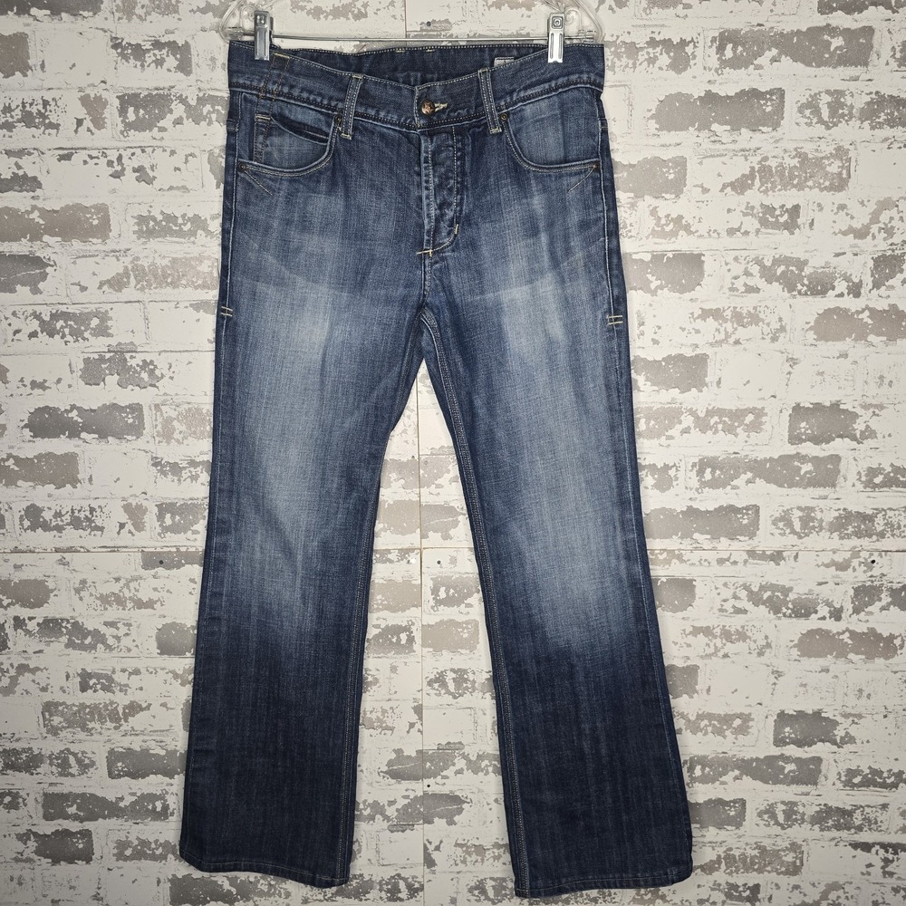 Peoples Liberation Jeans Mens 32x30 Bootcut Button Fly Medium Blue Stretch Denim